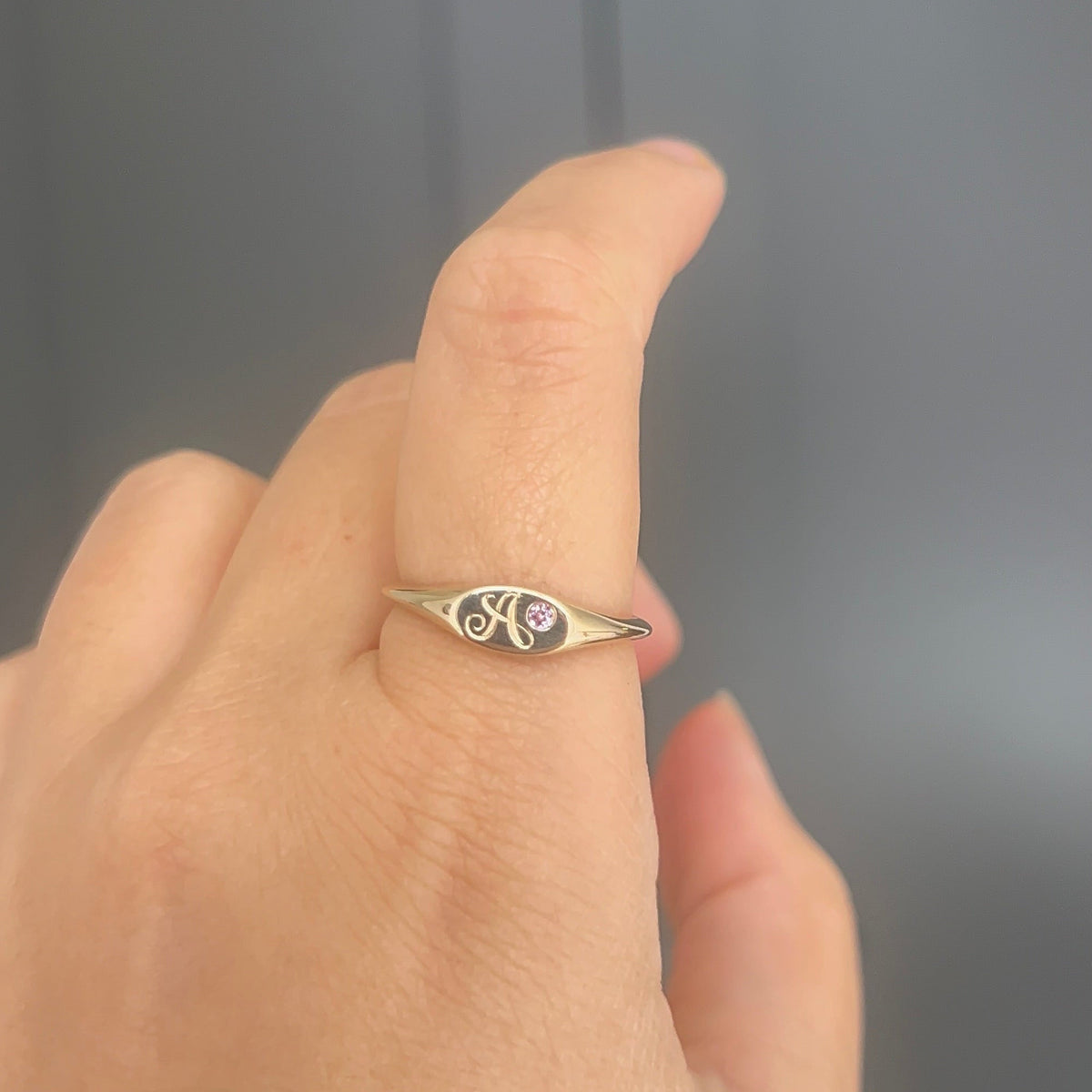 14K Gold "A" Initial Singet Ring with Pink Sapphire (Size 9)