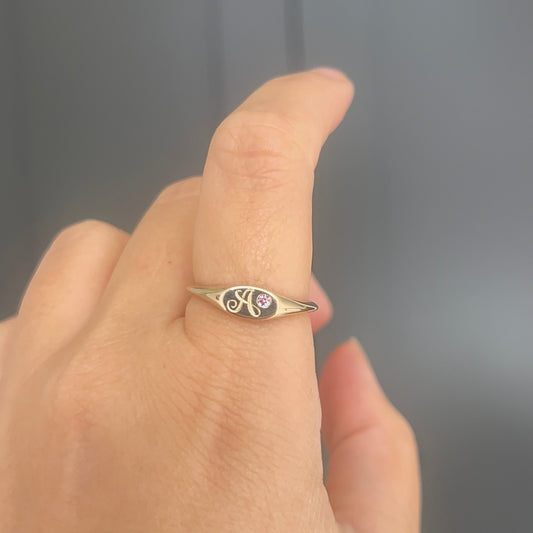 14K Gold "A" Initial Singet Ring with Pink Sapphire (Size 9)