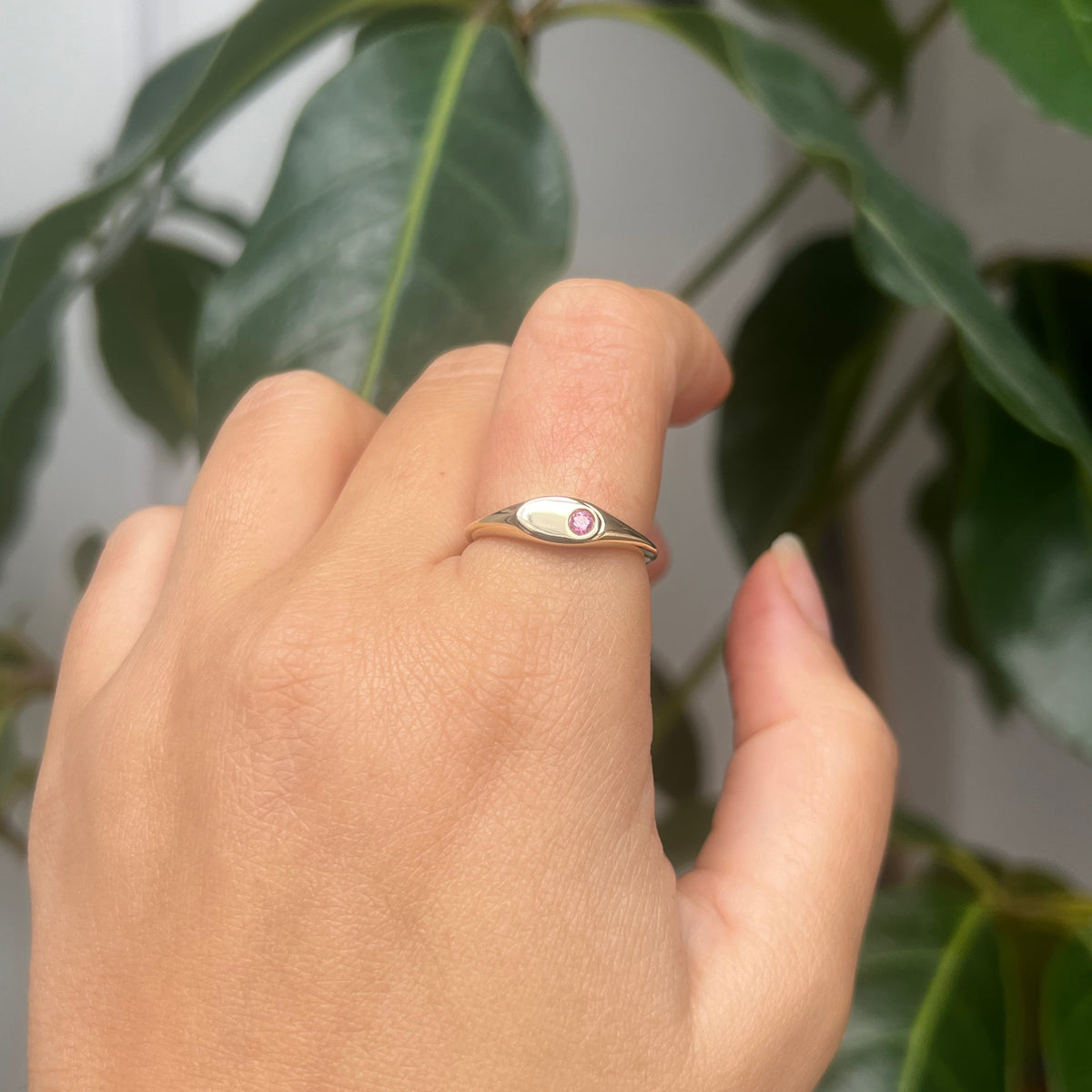14K Gold Oval Signet with Pink Sapphire (Size 8)
