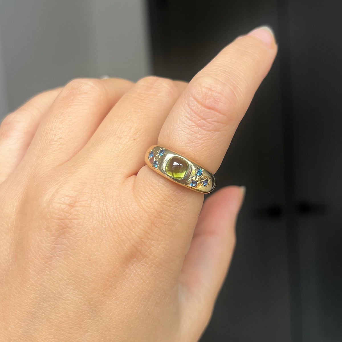 14K Chunky Band with Peridot and Cobalt Spinel (Size 7.5)