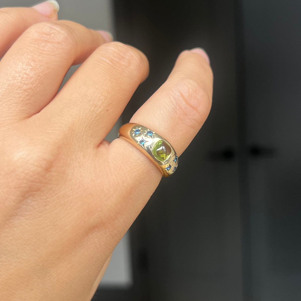 14K Chunky Band with Peridot and Cobalt Spinel (Size 7.5)