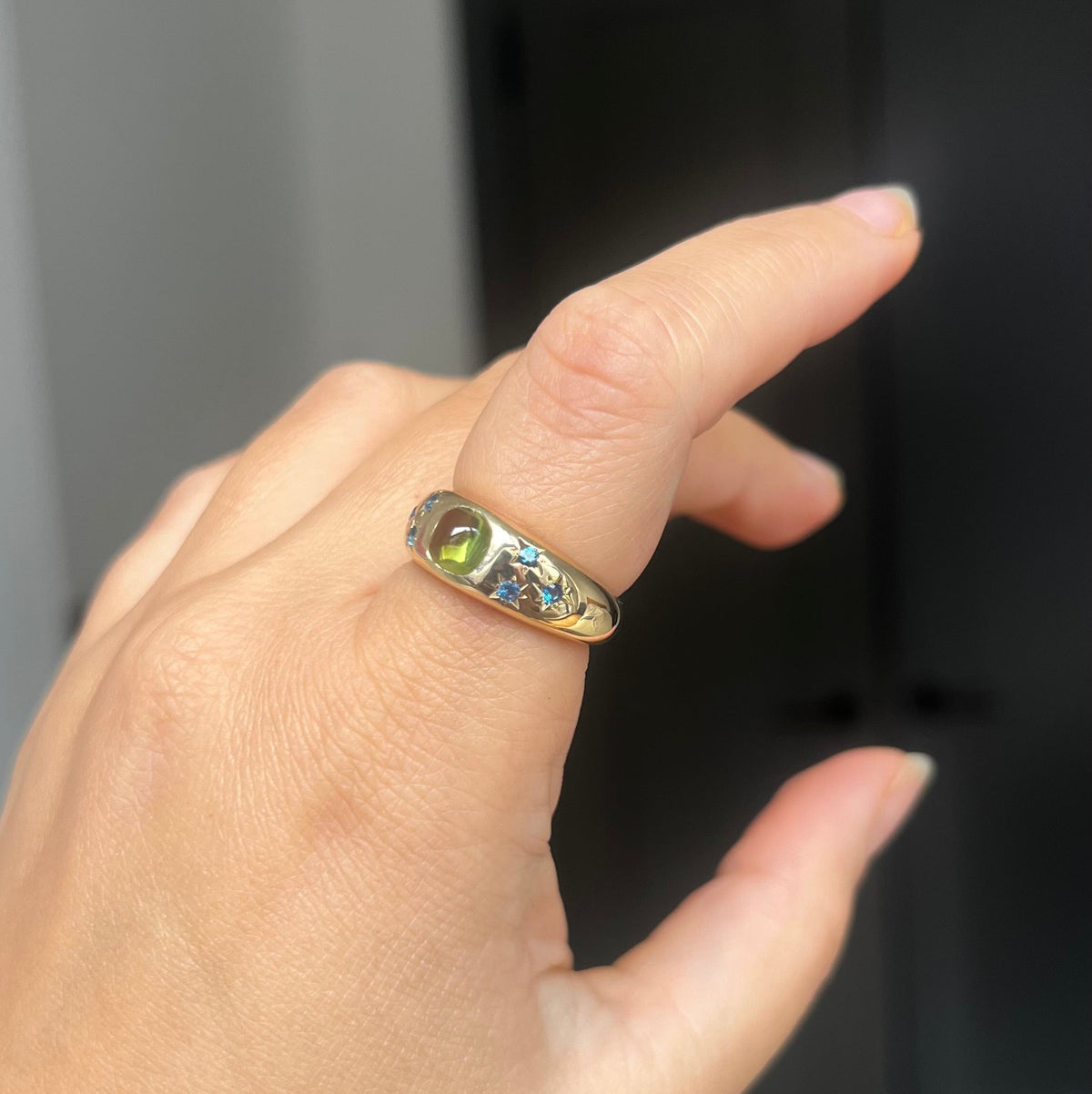 14K Chunky Band with Peridot and Cobalt Spinel (Size 7.5)