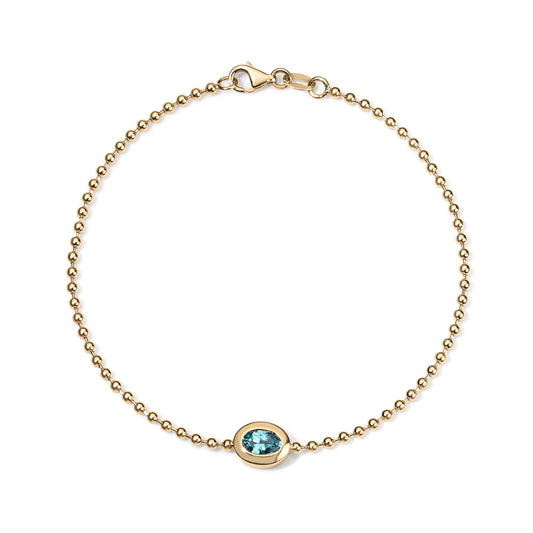 14K Yellow Gold Blue Ziron Ball Chain Bracelet, 8"